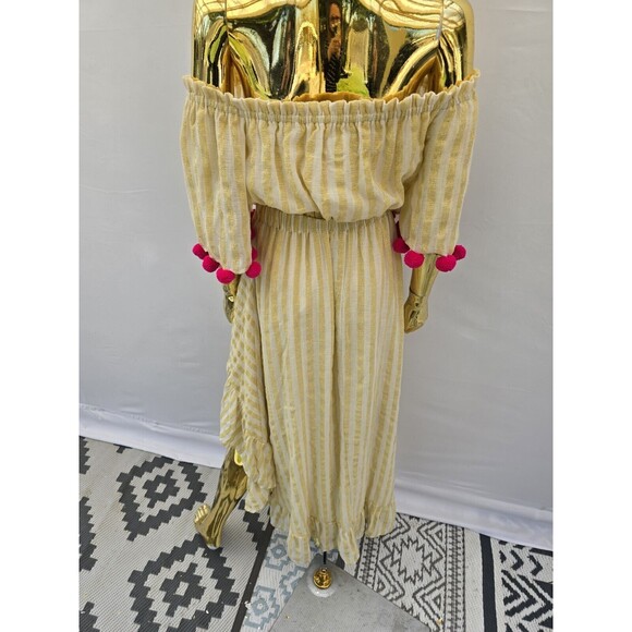 Revolve Sundress Alena High Low Off Shoulder Dress Yellow Stripe Pom Pom M/L - Picture 13 of 14